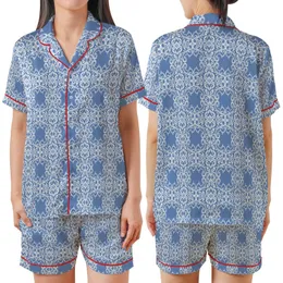 Women's Elegant Dusty Periwinkle Blue White Damask Interlocking Pattern Satin Short-Sleeve Pajamas Set