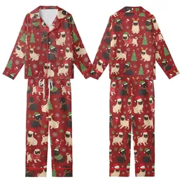 Women's & Pug Lovers Pajamas: Deep Red Christmas Pattern with Santa Hat Pugs & Snowflakes Kid Satin Pajamas Set
