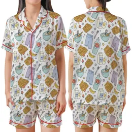 Youthful Enthusiasts' Hand-Drawn Breakfast & Sleepover Seamless Pattern White Pastel Bold Black Outline Satin Short-Sleeve Pajamas Set