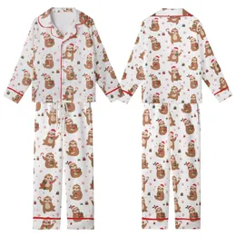 Sloth Lover's Merry Slothmas Sleep Set: All-Over Cartoon Sloth & Santa Hat Polyester Blend Kid Satin Pajamas Set