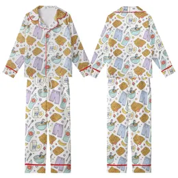 Youthful Enthusiasts' Hand-Drawn Breakfast & Sleepover Seamless Pattern White Pastel Bold Black Outline Kid Satin Pajamas Set