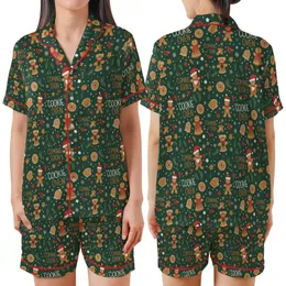 Expecting Parents Christmas Gingerbread Baby Reveal All-Over Pattern Festive Design Satin Short-Sleeve Pajamas Set