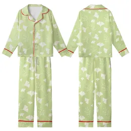 Women's Tailored Organic Cotton Loungewear Set: Abstract Botanical Ginkgo, Lime Green Cream Plus Size Sleepwear Kid Satin Pajamas Set