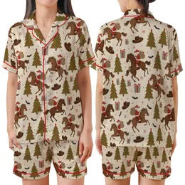 Western Holiday Enthusiast: Rustic Santa Cowboy Horse & Bat Seamless Graphic Print Satin Short-Sleeve Pajamas Set