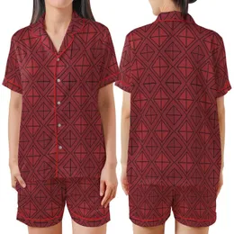 Women's Pure Silk Sleep Set: Burgundy & Crimson Geometric Lattice Loungewear Satin Short-Sleeve Pajamas Set