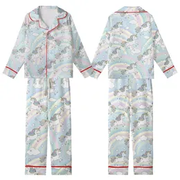 Fantasy Lover's Flat Cartoon Unicorn Pastel Rainbow Seamless Pattern Kid Satin Pajamas Set