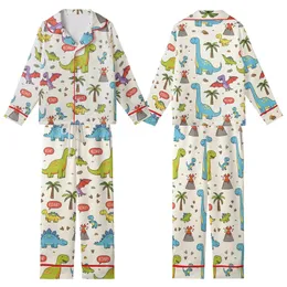 Dinosaur Lovers' Cheerful Cartoon Roar Pattern Bright T-Rex Stegosaurus Brachiosaurus Flat Art Illustration Kid Satin Pajamas Set