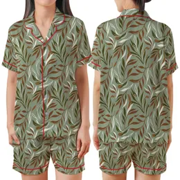 Women's Abstract Botanical Leaf Pattern Linen Sleep Set: Serene Organic Sage Green Loungewear Satin Short-Sleeve Pajamas Set