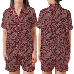 Women's Long Indian Block Print Pajama Set: Crimson Peacock & Botanical Organic Cotton Sleepwear Satin Short-Sleeve Pajamas Set