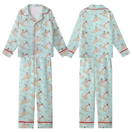 Women's Flat Illustrative Aqua Ocean Surfer Satin 2-Piece Sleep Set Kid Satin Pajamas Set