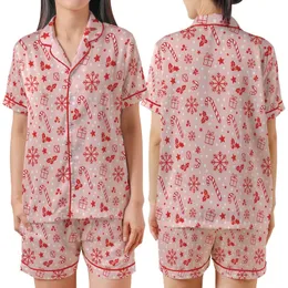 Women's Pastel Pink Candy Cane, Snowflake, & Holly Christmas Loungewear Pajama Set Satin Short-Sleeve Pajamas Set