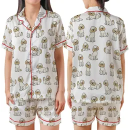 Women's Goldendoodle Labradoodle Pajamas: Playful Beige Doodle Dog Print - Soft Polycotton Shorts Set Satin Short-Sleeve Pajamas Set