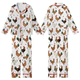 Christmas Enthusiasts' Whimsical Chicken Rooster Red Green Holly Berry Holiday Print Kid Satin Pajamas Set