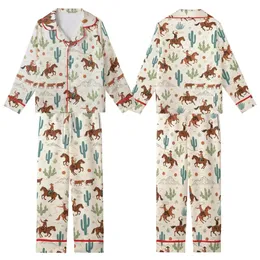Western Enthusiasts' Rustic Vintage Desert Pattern with Saddle Brown Cowboys Teal Cacti Burnt Orange Suns Kid Satin Pajamas Set