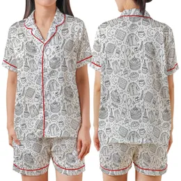 Breakfast Lovers' Whimsical Black Outline Coloring Book Doodle Breakfast & Birthday Party Pattern Satin Short-Sleeve Pajamas Set