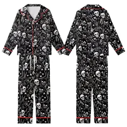Alt Style Enthusiasts' Black White Illustrative Skull Skeleton Hands Rock Gesture Grunge Pattern Kid Satin Pajamas Set