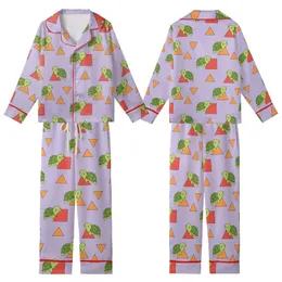 Whimsical Style Lovers' Lavender Purple Cartoon Turtle Geometric Pattern with Lime Green Turtles & Red Squares Orange Triangles Kid Satin Pajamas Set