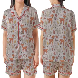 Whimsical Style Adorers' Cute Autumn Woodland Animals Flat Graphic on Pale Lavender-Grey with Terracotta Ochre Dusty Rose Leaves Satin Short-Sleeve Pajamas Set