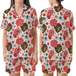 Whimsical Style Lovers' Playful Doodle Elephants, Polka Dot Mushrooms, Flowers Pattern: Red, Brown, Sky Blue, Pink Satin Short-Sleeve Pajamas Set