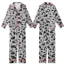 Construction Lover: Dynamic Black Heavy Machinery Pattern - Light Grey Flat Design Motif Kid Satin Pajamas Set