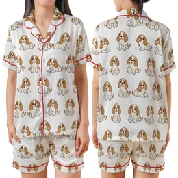 Women's Soft Polycotton Pajama Set: Playful Blenheim Cavalier King Charles Dog Design Satin Short-Sleeve Pajamas Set