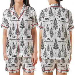 Family Christmas: Hand-Sketched Rustic Tree Pattern – Vintage Pen & Ink Wearable Art Satin Short-Sleeve Pajamas Set
