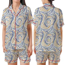 Modern Explorer: Tranquil Abstract Fluid Lines Pattern – Dusty Indigo Beige Wearable Art Print Satin Short-Sleeve Pajamas Set