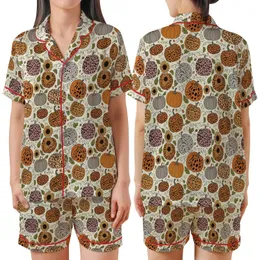 Women's Fall Mom Teacher Wild About Fall Leopard Pumpkin Sunflower Cozy Knit Satin Short-Sleeve Pajamas Set