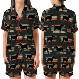Beagle Lover Pajamas: 'Less People More Beagles' Distressed Retro Black Dog Sleep Top Satin Short-Sleeve Pajamas Set