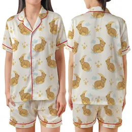 Cozy Dreamers' Creamy Golden Tan Sleeping Teddy Bear Crescent Moon Star Pattern Satin Short-Sleeve Pajamas Set