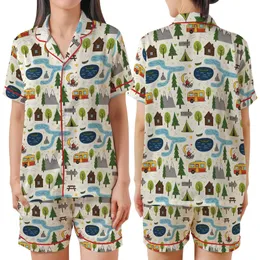 Outdoor Enthusiasts' Whimsical Forest Camping Pattern: Green Pines, Cabins, Campfires, RVs & Mountains on Creamy Off-White Satin Short-Sleeve Pajamas Set