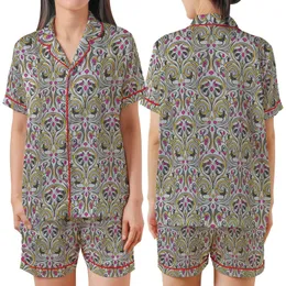 Artful Design Enthusiasts' Art Nouveau Stylized Vine Curvilinear Pattern Grey Mustard Fuchsia Satin Short-Sleeve Pajamas Set