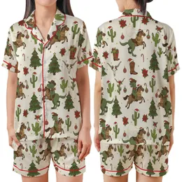 Dinosaur Lover: Playful Cowboy T-Rex Christmas - Cactus, Poinsettia & Candy Cane Pattern Satin Short-Sleeve Pajamas Set