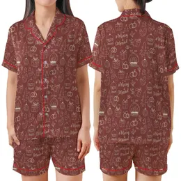 Newlyweds' Whimsical Hand-Drawn Merry & Married Christmas & Wedding Pattern on Muted Brick Red Satin Short-Sleeve Pajamas Set