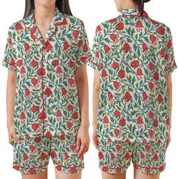 Women's Hand Block Printed Coral Red Bellflower Teal Leaf Pure Cotton Sleepwear Set Satin Short-Sleeve Pajamas Set