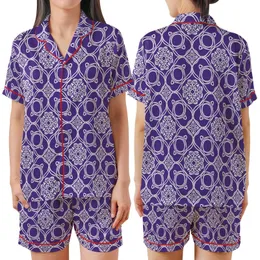 Women's Sophisticated Royal Purple White Dense Repeating Curvilinear Floral Medallion Satin Short-Sleeve Pajamas Set