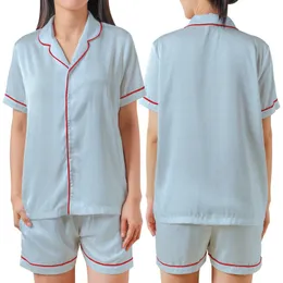 Women's Boho Light Blue White Minimalist Geometric Striped Organic Cotton Pajama Ensemble Satin Short-Sleeve Pajamas Set