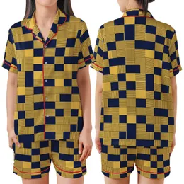 Modern Enthusiasts Deep Navy Golden Yellow Geometric Rectangular Square Tessellation Striped Gold Accents Satin Short-Sleeve Pajamas Set