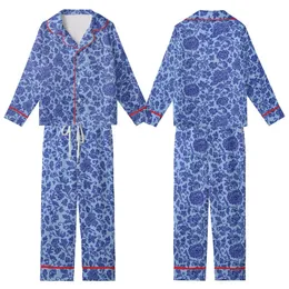 Women's Vintage Chinoiserie Indigo Cobalt Blue Peony Vine Floral Tapestry Kid Satin Pajamas Set