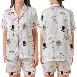 Pajama Party Whimsical Sleep Set: Photo Booth Props, Confetti & Streamers Print Satin Short-Sleeve Pajamas Set