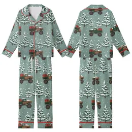 Christmas Fans' Muted Teal Rustic Illustrative Monster Truck Snowy Pine Tree Pattern Kid Satin Pajamas Set