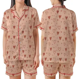 Women's Muted Peach Pink Hearts & Stars Terracotta Print Classic Collar Pajama Set Satin Short-Sleeve Pajamas Set
