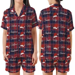 Spouses' Traditional Red Blue Plaid Christmas Design with Husband Wife Script & Santa Hats Satin Short-Sleeve Pajamas Set