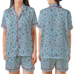 Nature Lovers' Powder Blue Delicate Floral Vine Chocolate Brown Cyan Botanical Pattern Satin Short-Sleeve Pajamas Set