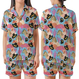 Sweet Cowgirl Satin Pajamas Set: Whimsical Desert Horse, Hat & Fuchsia Cactus Loungewear Satin Short-Sleeve Pajamas Set