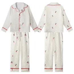 Cozy Loungers' Intricate Cream Cable Knit & Scattered Red Cherry Print Fleece Sleep Set Kid Satin Pajamas Set