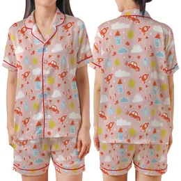 Flower Girl Pink Satin Pajama Set: Whimsical Rocket Sun Chalk Art Design Satin Short-Sleeve Pajamas Set
