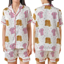 Pancakes & Pajamas Whimsical Golden Stacks, Amber Syrup & Pink Striped Sleep Set Satin Short-Sleeve Pajamas Set