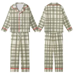 Women's Rustic Khaki Green Plaid Linen Comfort Ensemble Kid Satin Pajamas Set