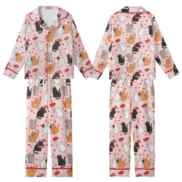 Cat Mom Women's Valentine Illustrative Cuddling Cats & Red Hearts Polyester Spandex Pajamas Set Kid Satin Pajamas Set